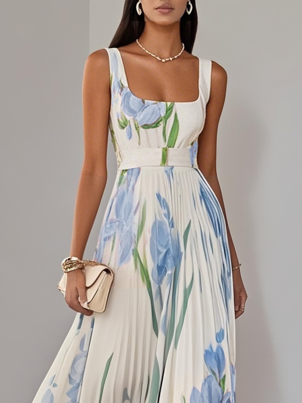 Ivory Maxi Dress with Blue Floral Print and Square Neck - Picture 3 of 9